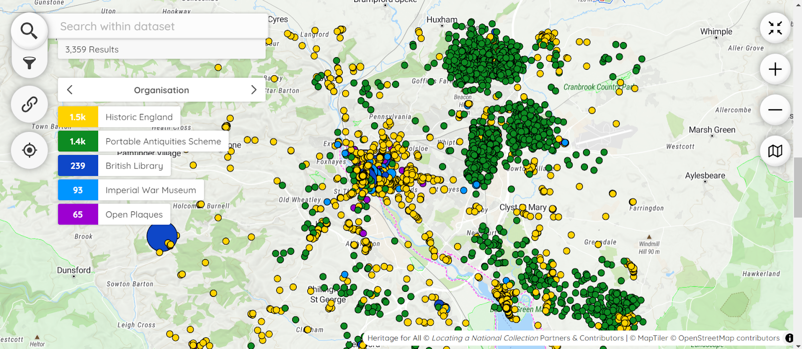 A street map of Exeter in England with coloured dots showing locations of hundreds of cultural heritage buildings and artifacts.