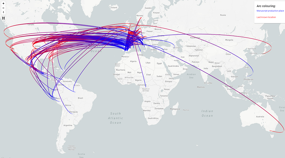 A world map showing movements of manuscripts as arcs between countries.